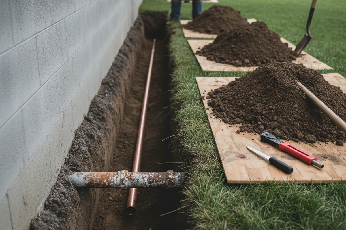 Excavated water line trench during Water Softener Installation in Leicester